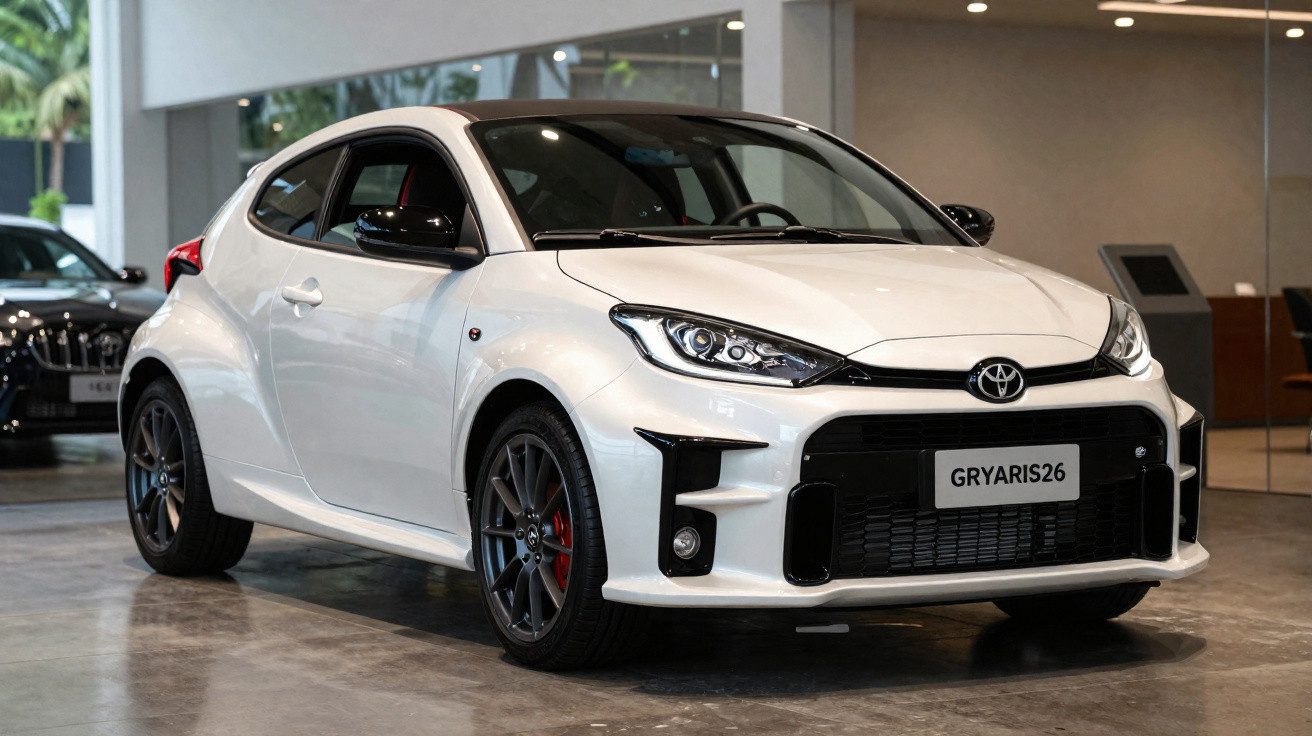 Carro compacto branco Toyota GR Yaris exibido em showroom com detalhes esportivos e rodas escuras.