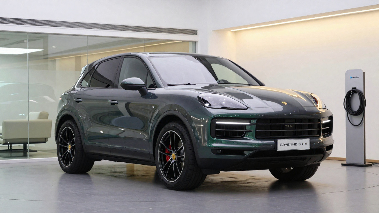 Carro SUV Porsche Cayenne S EV cinza estacionado em ambiente interno moderno com carregador elétrico na parede.