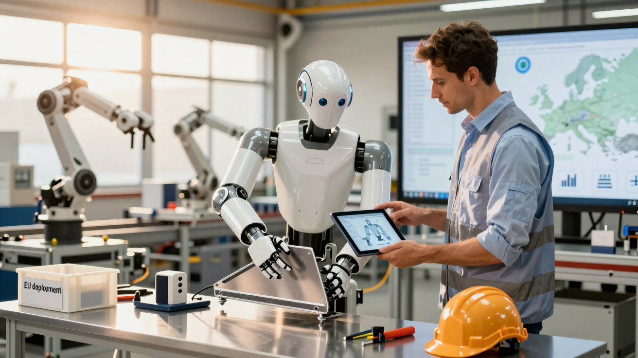 Engenheiro humano interage com robô em laboratório tecnológico, ambos trabalham em projeto de equipamento avançado.