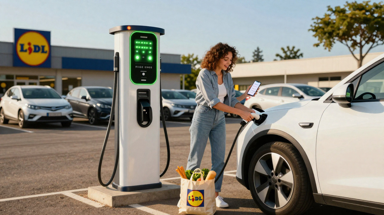 Mulher carregando carro elétrico na estação de recarga do supermercado Lidl em dia ensolarado.