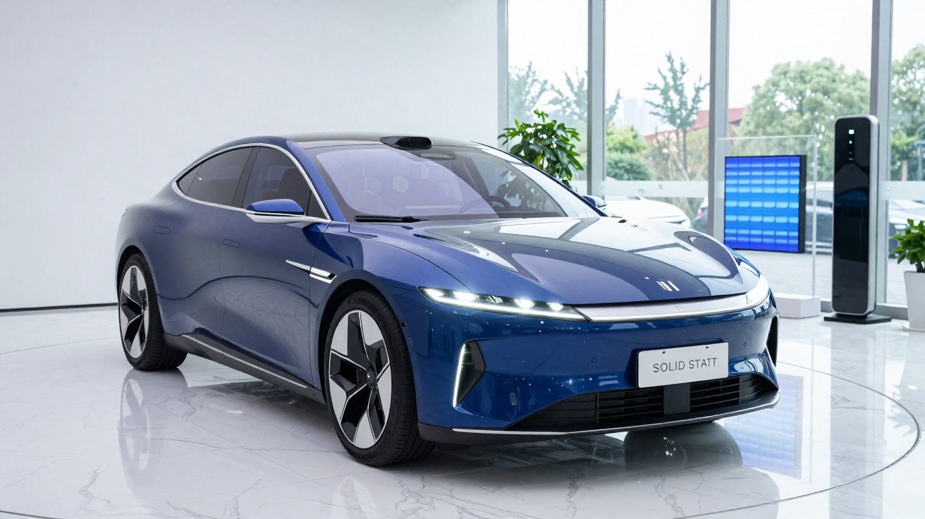 Carro elétrico azul exposto em ambiente interno moderno com piso branco e janelas amplas.