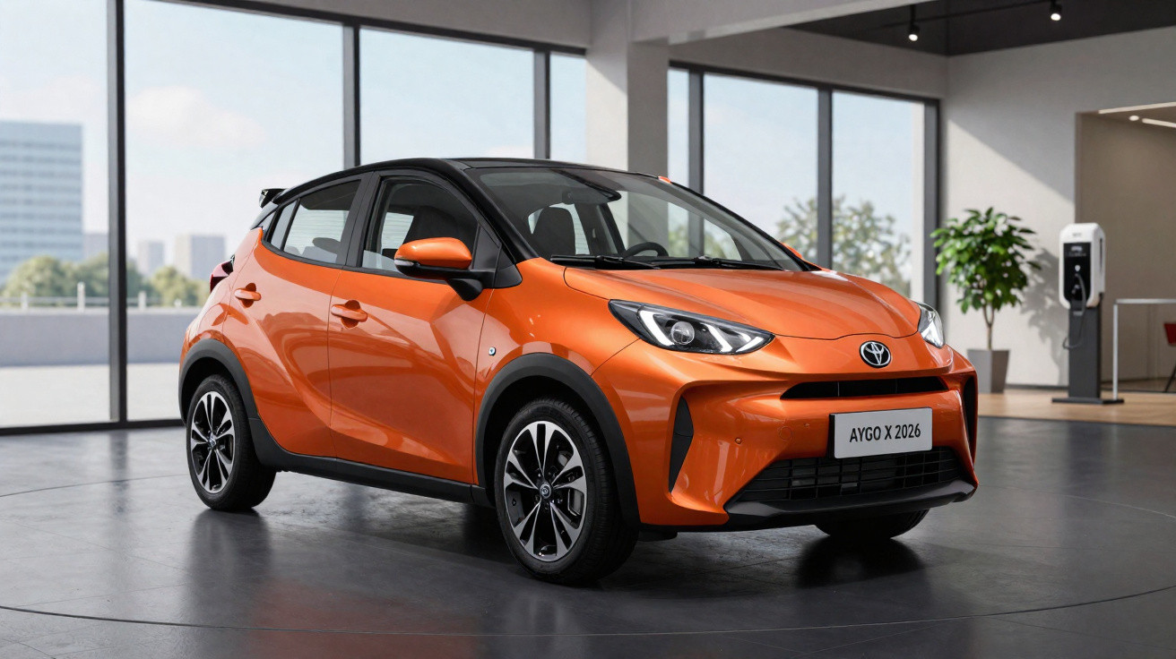 Carro Toyota Aygo X 2026 na cor laranja exibido em salão com janelas grandes e tomada de recarga.
