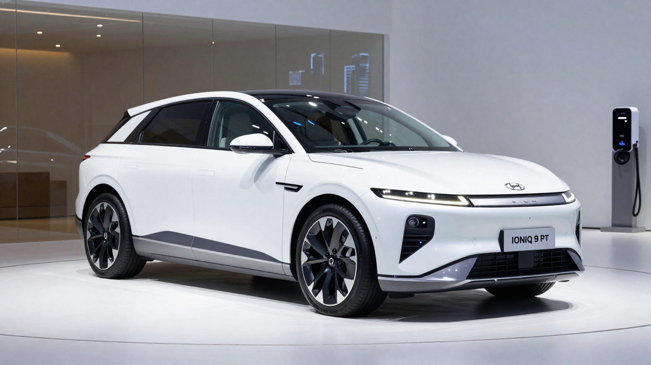 Carro elétrico branco Hyundai Ioniq 9 PT em exposição com estação de recarga ao fundo.