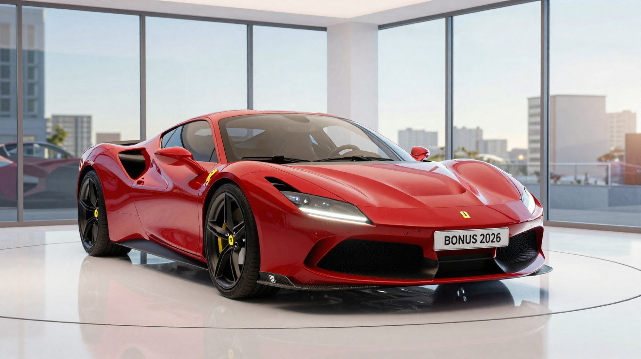 Carro esportivo vermelho Ferrari estacionado em showroom com janelas panorâmicas e vista da cidade ao fundo.