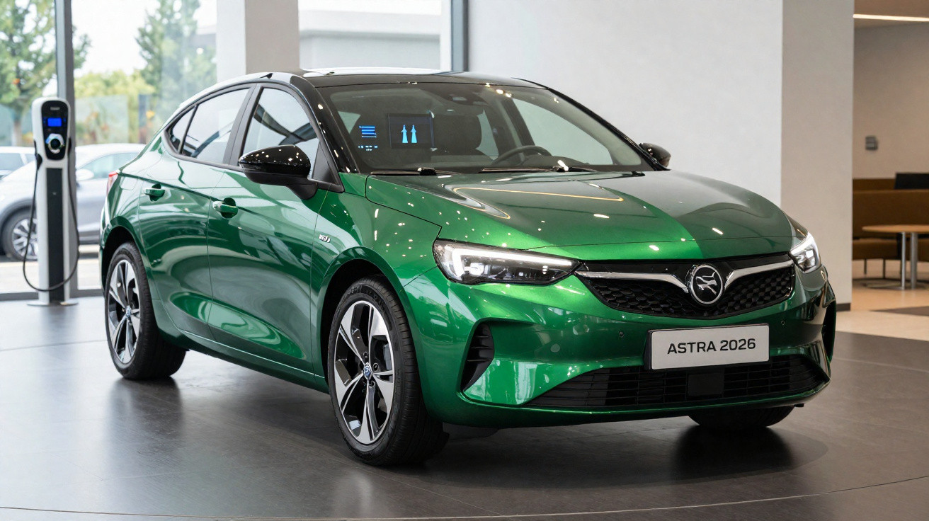 Carro verde elétrico Opel Astra 2026 estacionado em showroom moderno, com estação de recarga ao fundo.