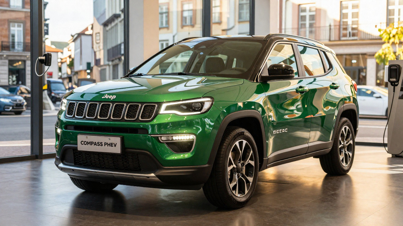 SUV Jeep Compass PHEV verde exibido em showroom com painel urbano ao fundo e pontos de carregamento elétrico.