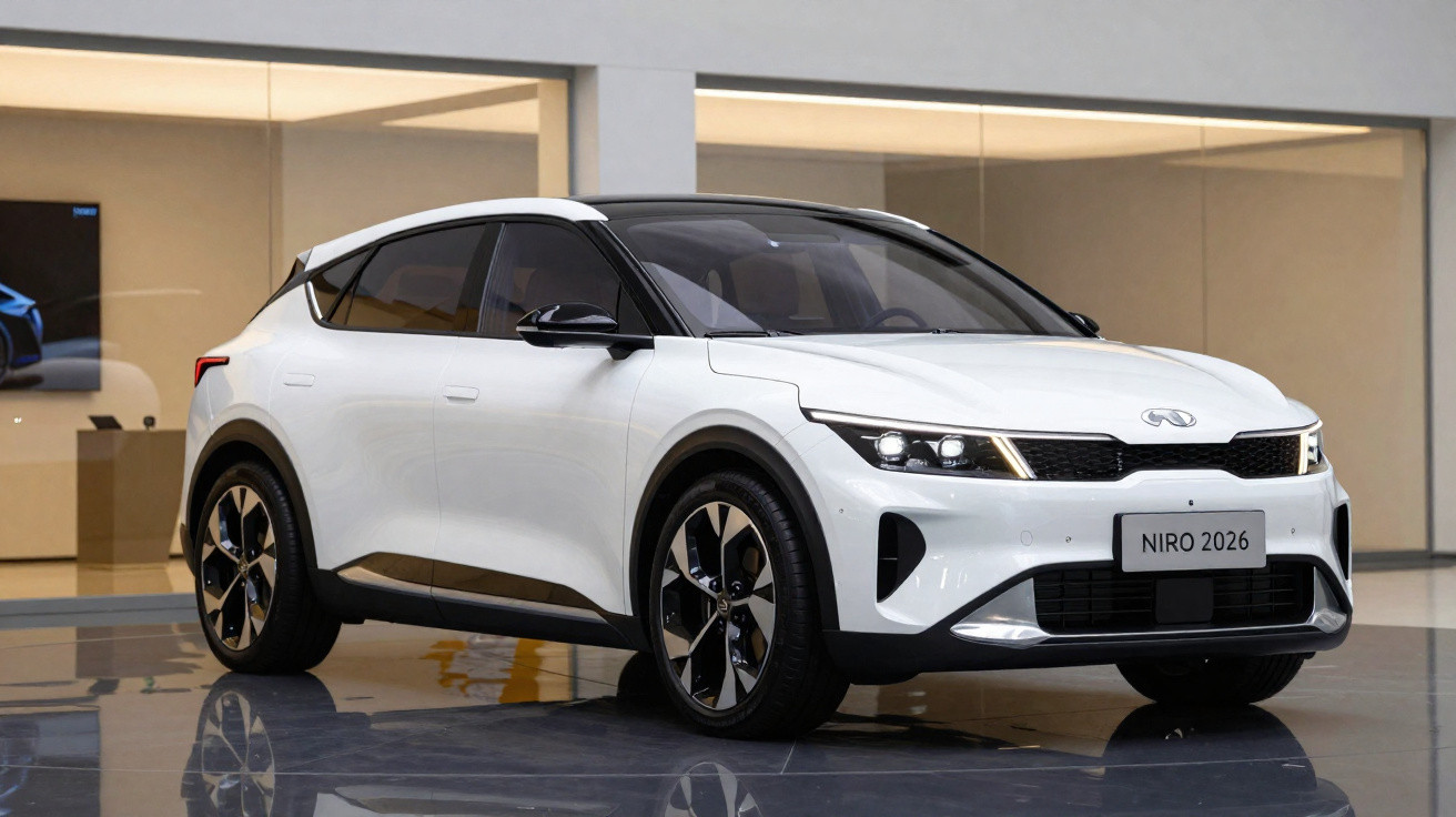 Carro elétrico branco Kia Niro 2026 em exposição dentro de showroom moderno.