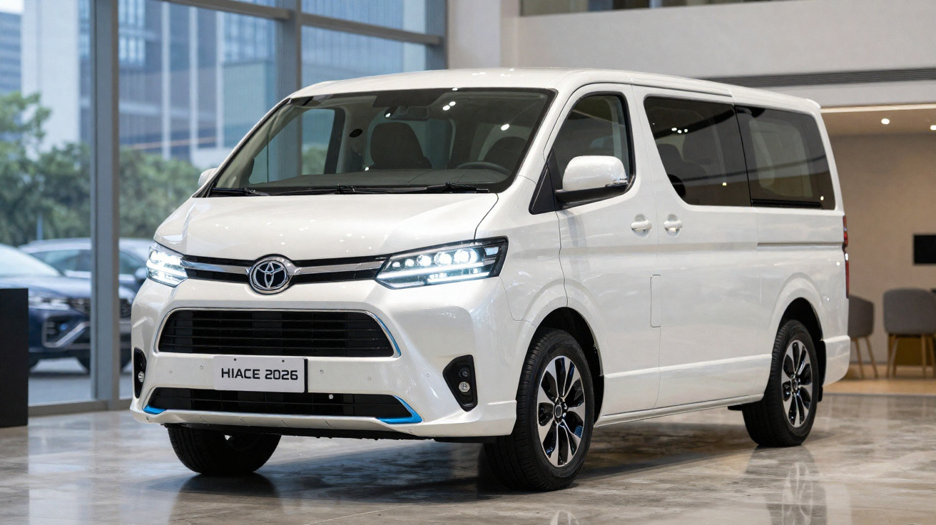 Van branca Toyota Hiace 2026 estacionada dentro de showroom moderno com grandes janelas.