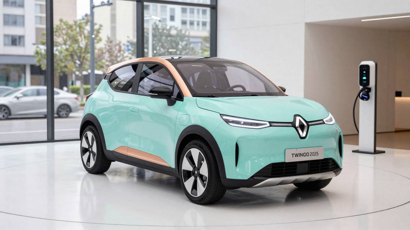 Carro elétrico Renault Twingo 2025 verde água exposto em showroom moderno com estação de recarga.