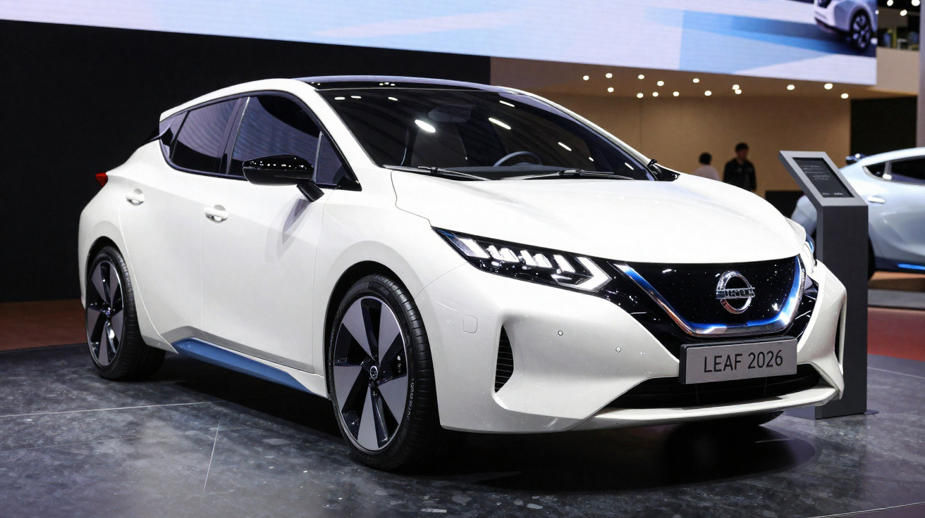 Carro elétrico branco Nissan Leaf 2026 exposto em estande de evento automobilístico.