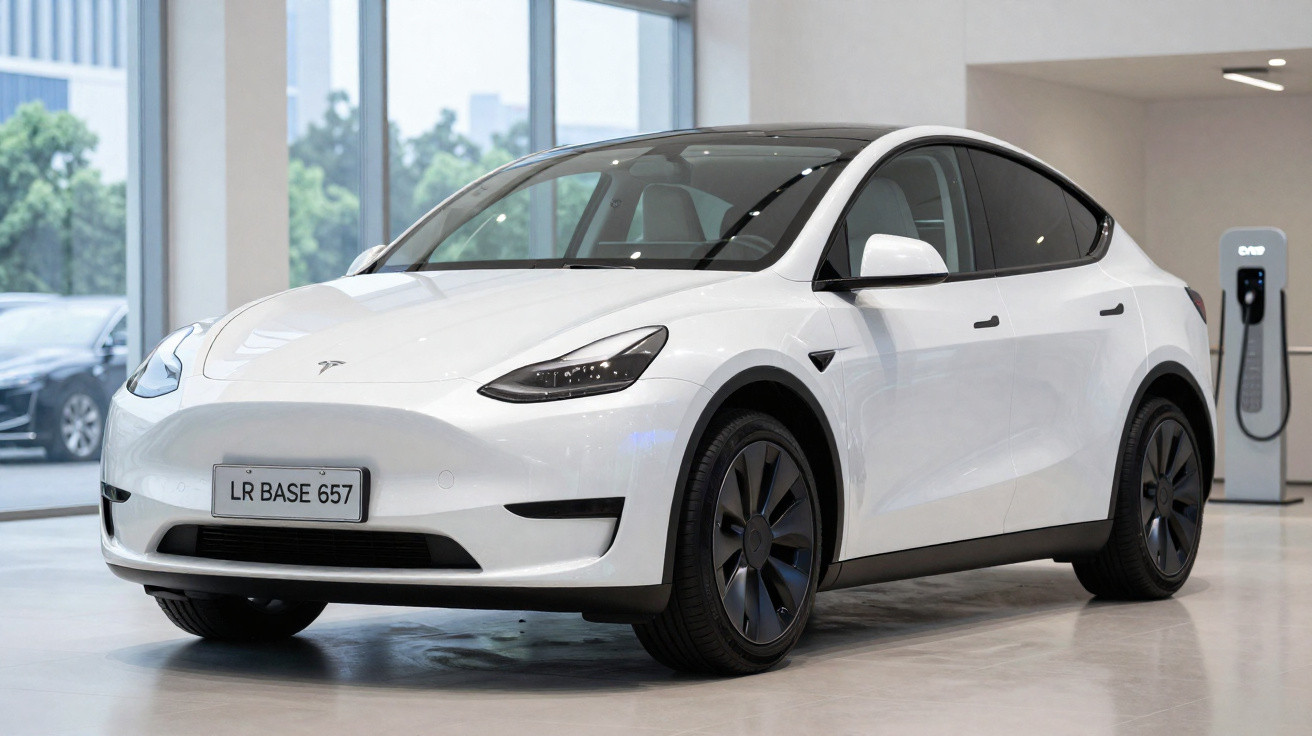 Carro elétrico Tesla branco estacionado em showroom moderno com carregador ao fundo.
