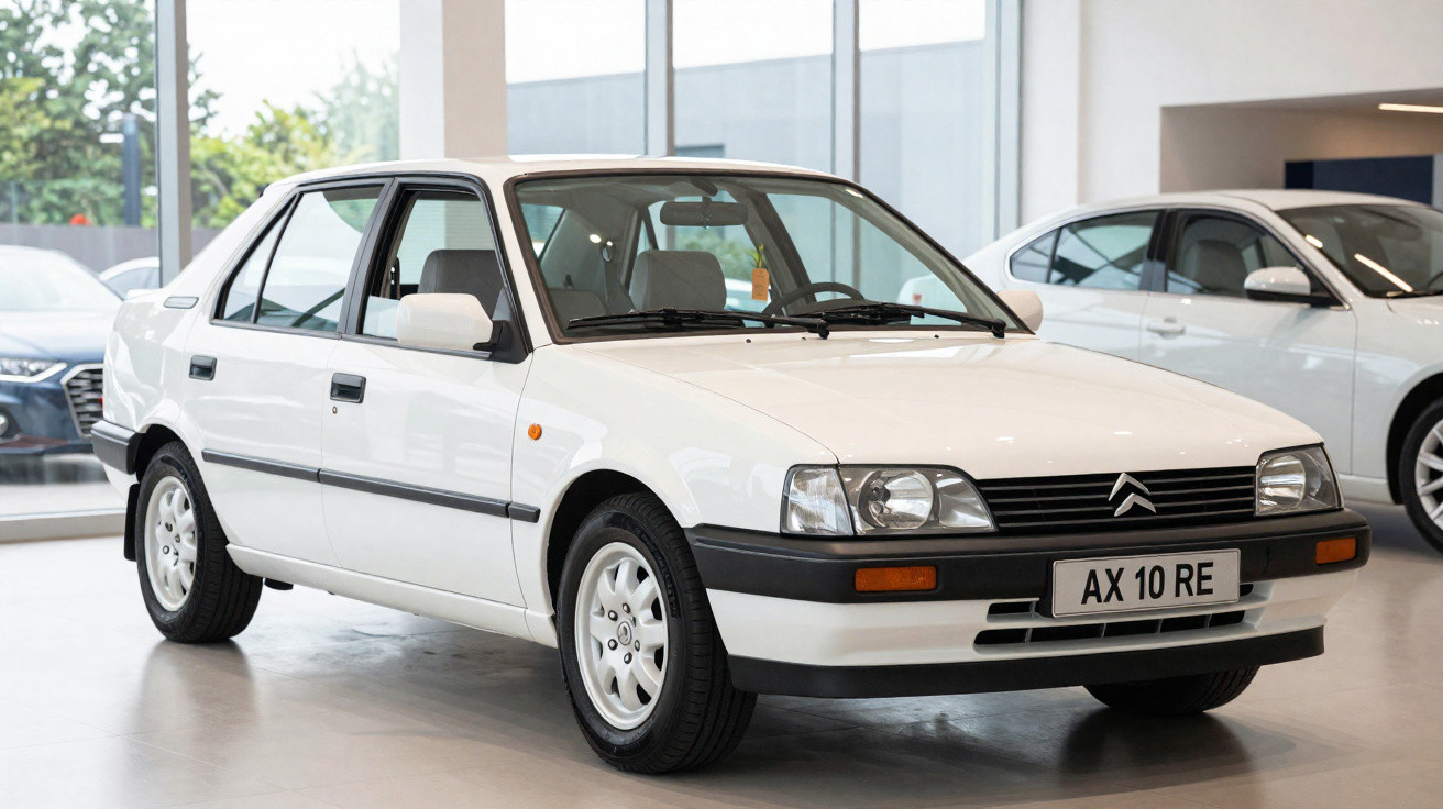 Carro sedan branco Citroën AX 10 RE exposto em showroom com fundo de outras viaturas.