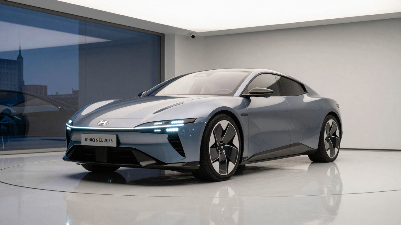 Carro elétrico Hyundai Ioniq 6 cinza em exposição interna, com design aerodinâmico e moderno.