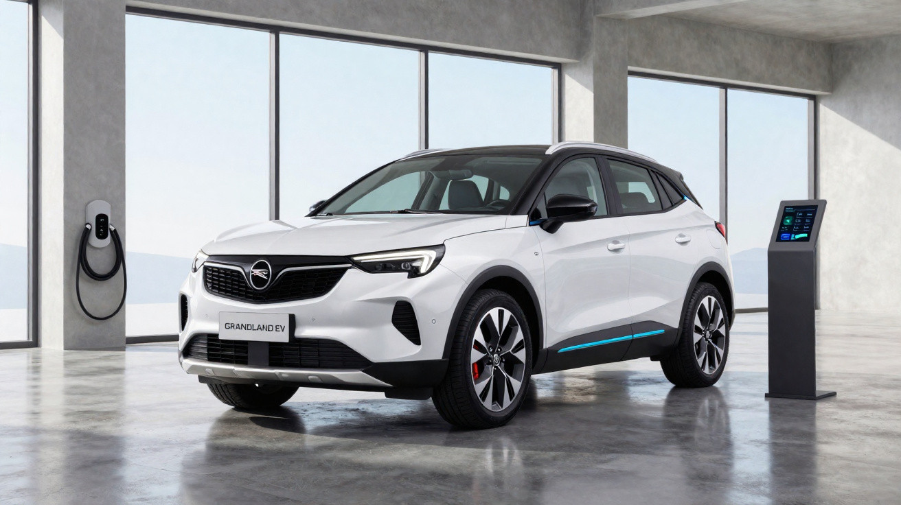 Carro elétrico branco Opel Grandland EV em showroom moderno com estação de recarga.