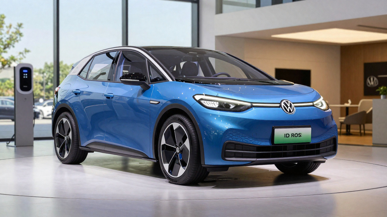 Carro elétrico Volkswagen ID.3 azul estacionado em showroom moderno com estação de carregamento ao fundo.