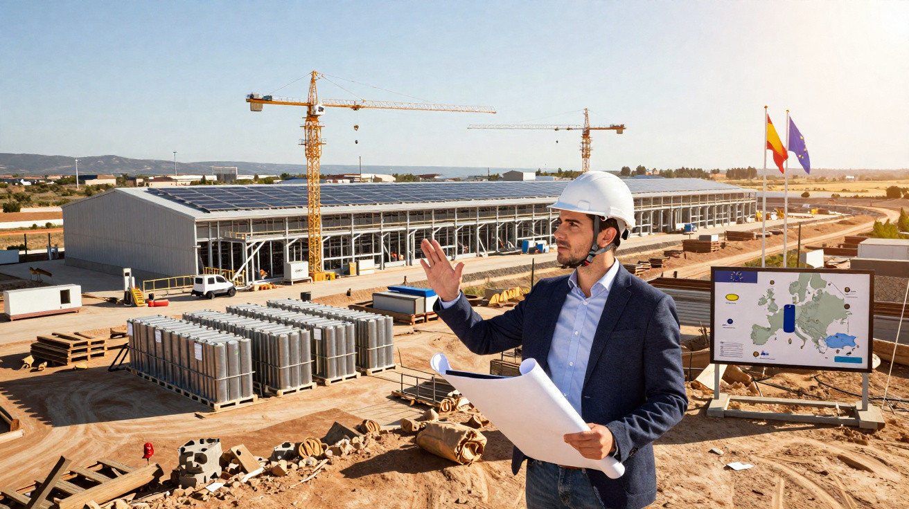 Engenheiro com capacete branco analisa obra com galpão, guindastes, bandeiras e mapa em canteiro de construção.