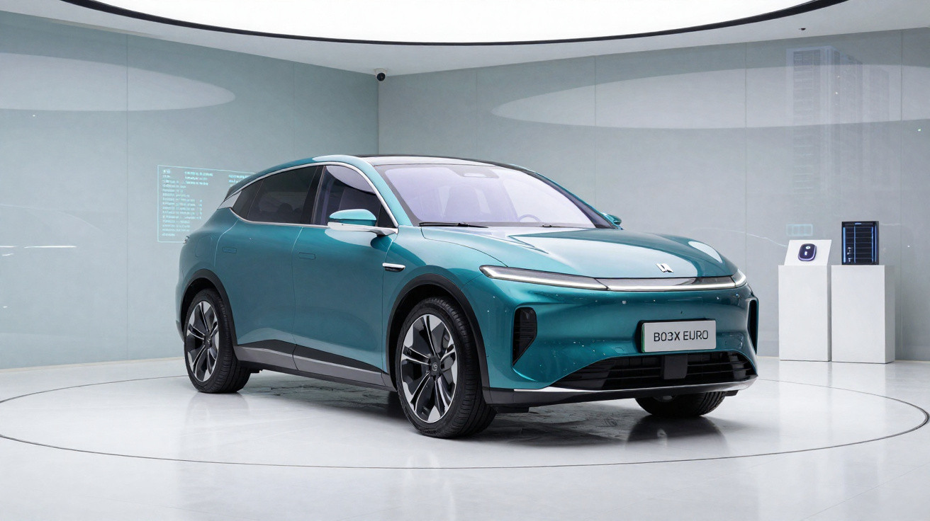 Carro elétrico verde metálico exibido em espaço moderno com iluminação branca.