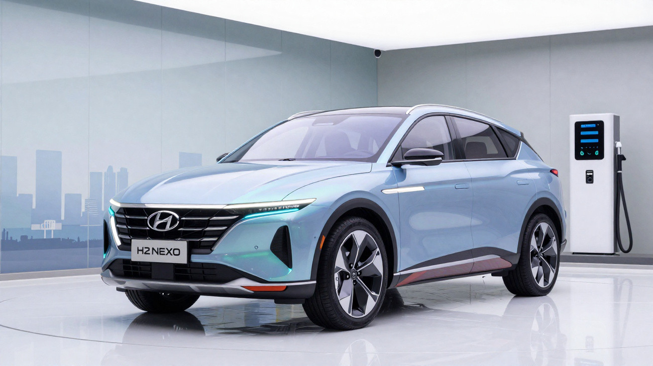 Carro elétrico Hyundai H2 Nexo azul claro em ambiente interno com estação de recarga ao fundo.