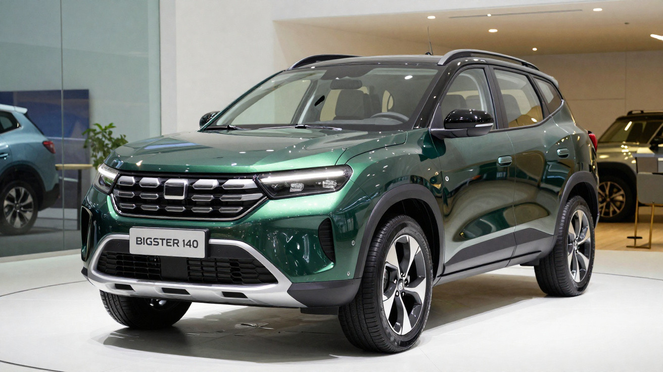 SUV verde Bigster 140 estacionado em exposição com design moderno e acabamento metálico.
