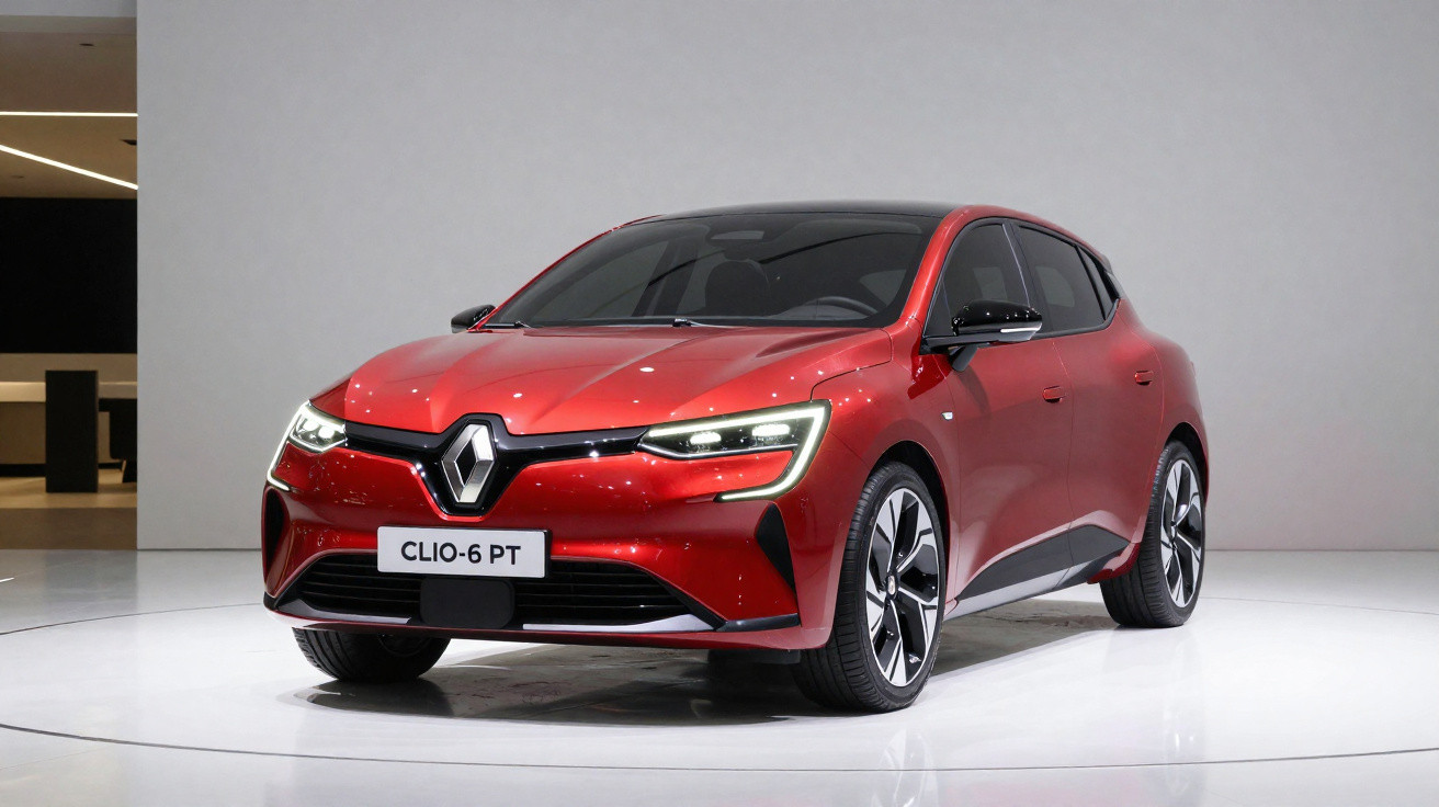 Carro vermelho Renault Clio 6 PT em exposição, com design moderno e faróis acesos.