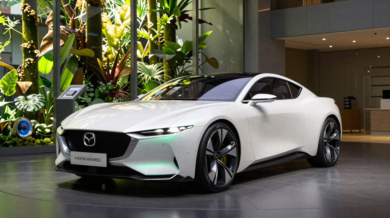 Carro conceito Mazda Vision Wankel branco exibido em ambiente moderno com plantas ao fundo.
