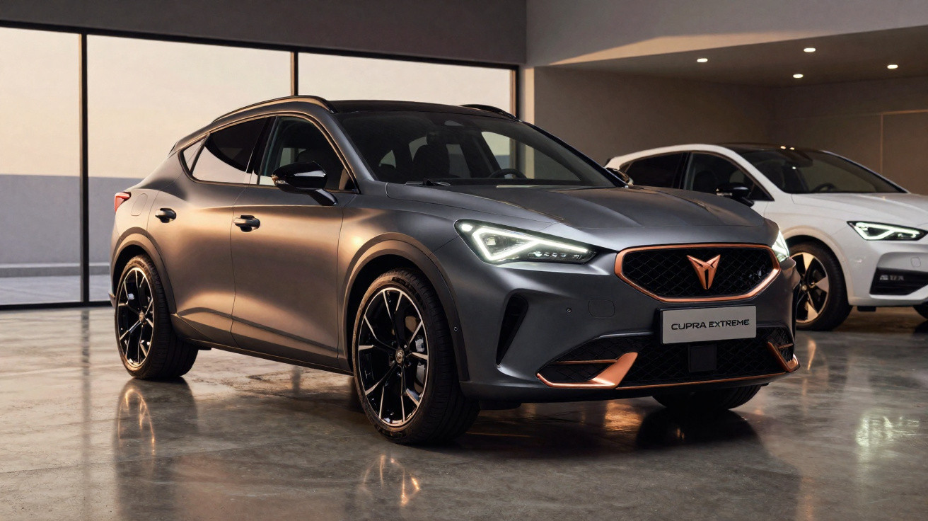 Carro esportivo cinza escuro Cupra Extreme em garagem com iluminação suave e outro carro branco ao fundo.