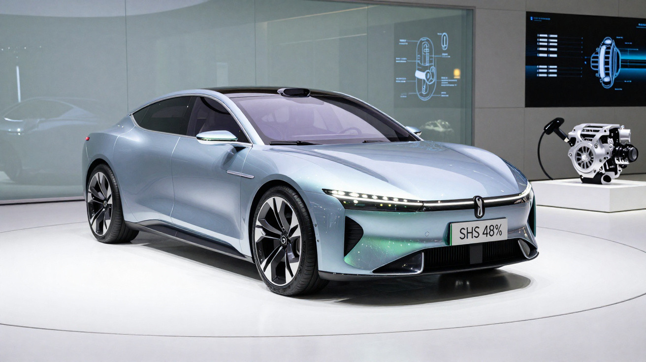 Carro elétrico moderno prata exibido em ambiente interno de showroom com design aerodinâmico e faróis de LED.