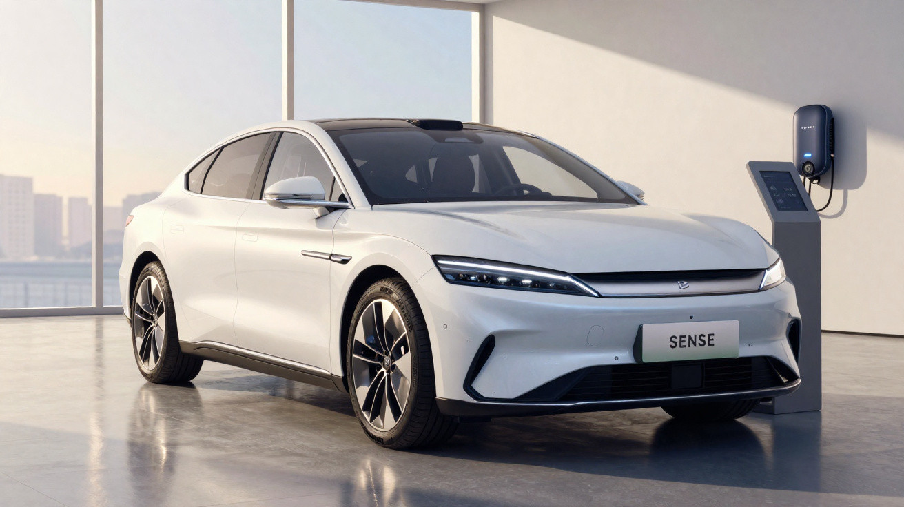 Carro elétrico branco modelo Sense estacionado em garagem moderna com estação de recarga na parede.