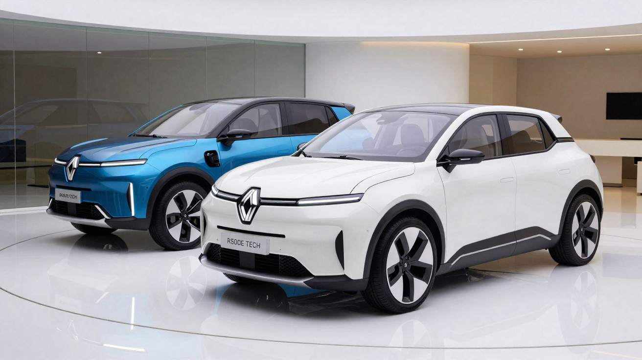 Dois carros elétricos futuristas, um branco e outro azul, em showroom moderno e iluminado.