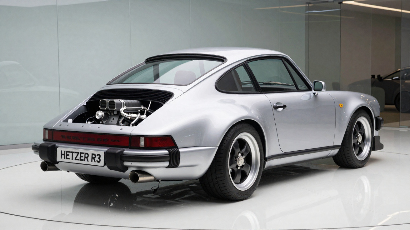 Carro esportivo prata Porsche 911 com motor exposto na traseira em ambiente interno iluminado.