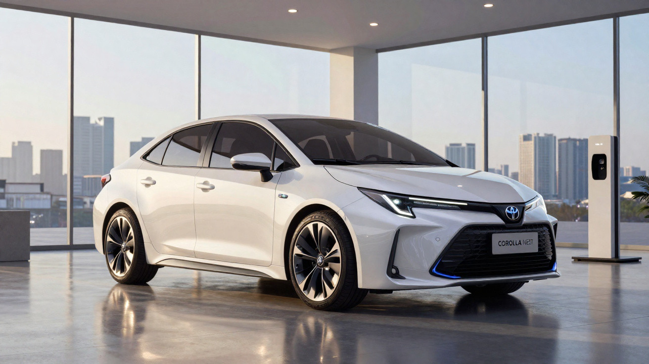 Carro sedan branco Toyota Corolla Cross estacionado em showroom com janelas grandes e vista urbana.