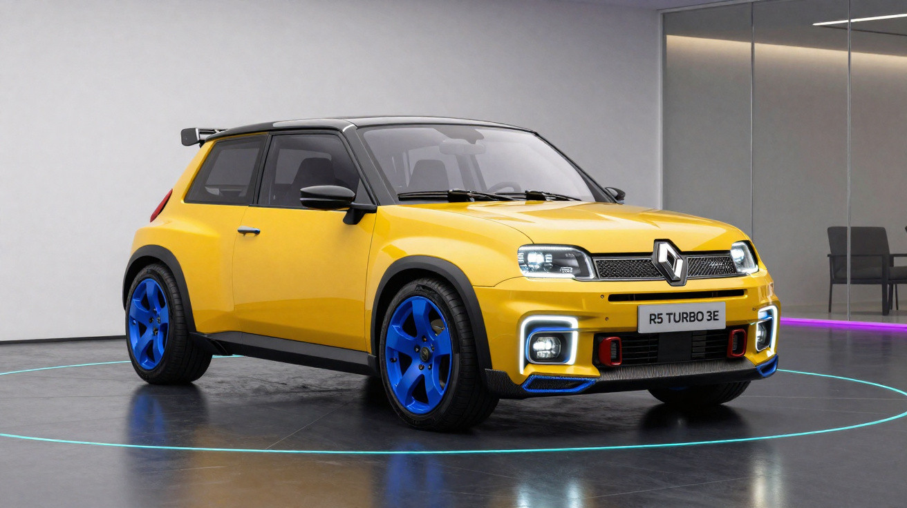 Carro Renault R5 Turbo 3E amarelo com rodas azuis em ambiente interno moderno.