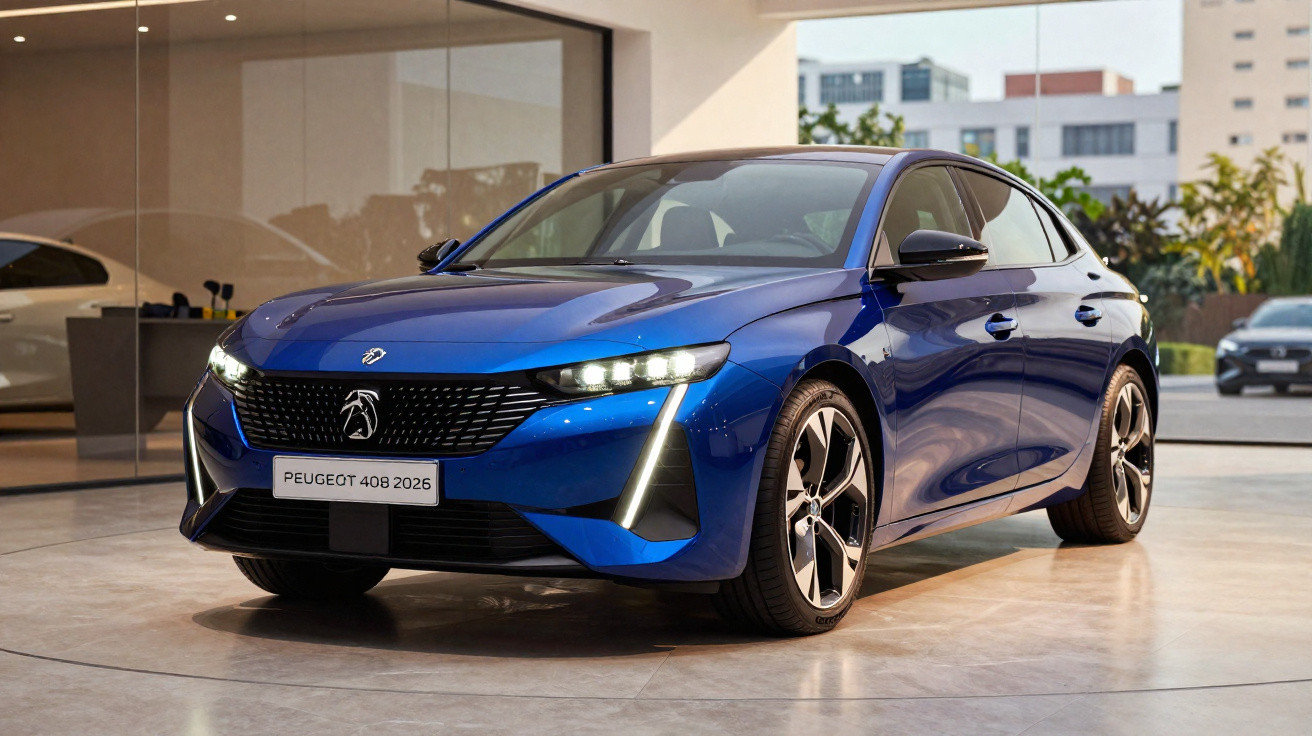 Carro sedan azul metálico Peugeot 408 2026 em showroom moderno com iluminação natural.