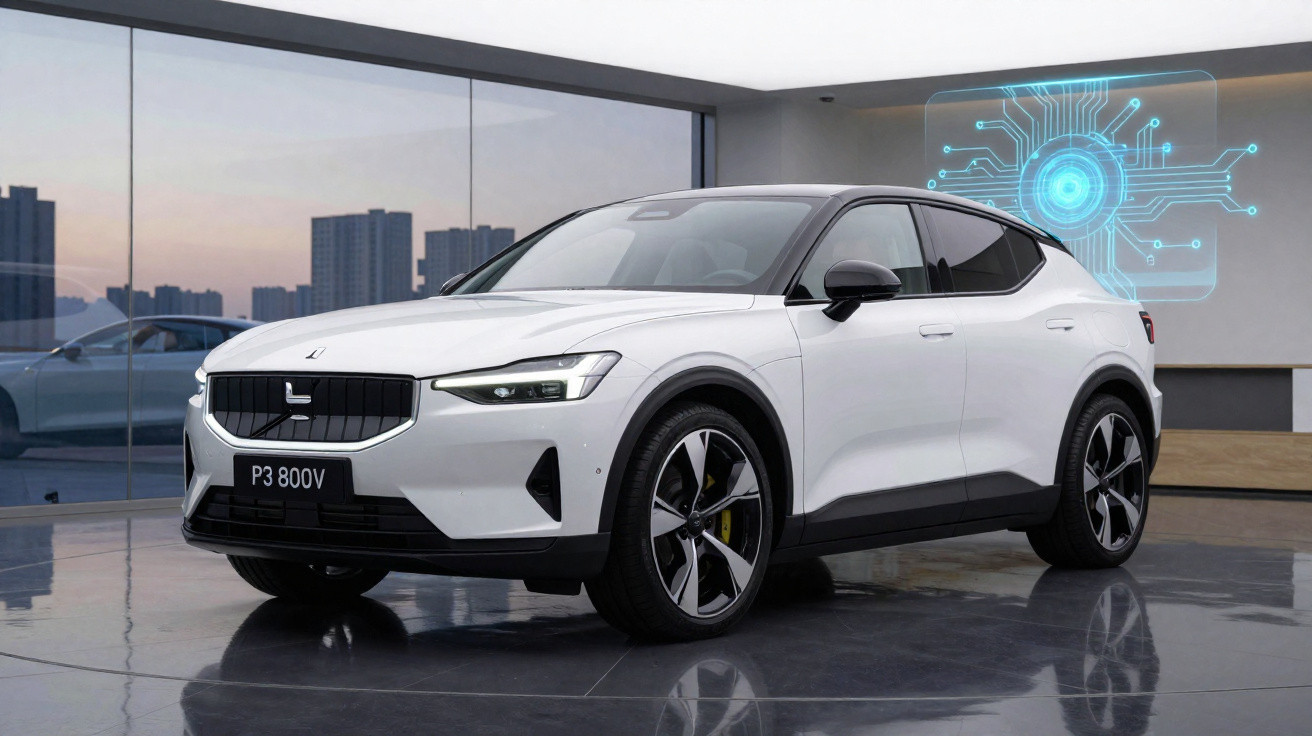 Carro elétrico branco Polestar 2 em showroom moderno com parede de vidro e decoração tecnológica digital.