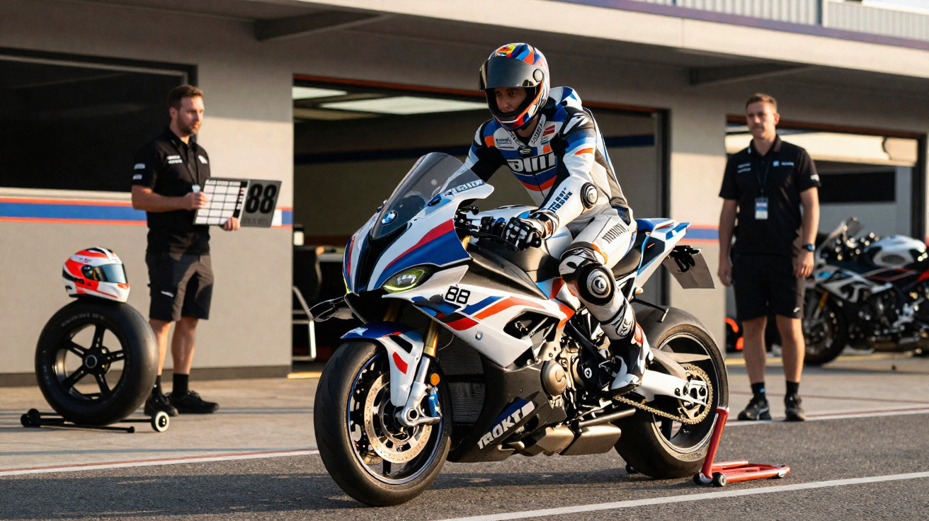 Piloto com uniforme branco e azul em moto esportiva BMW no pit lane com equipe ao fundo.