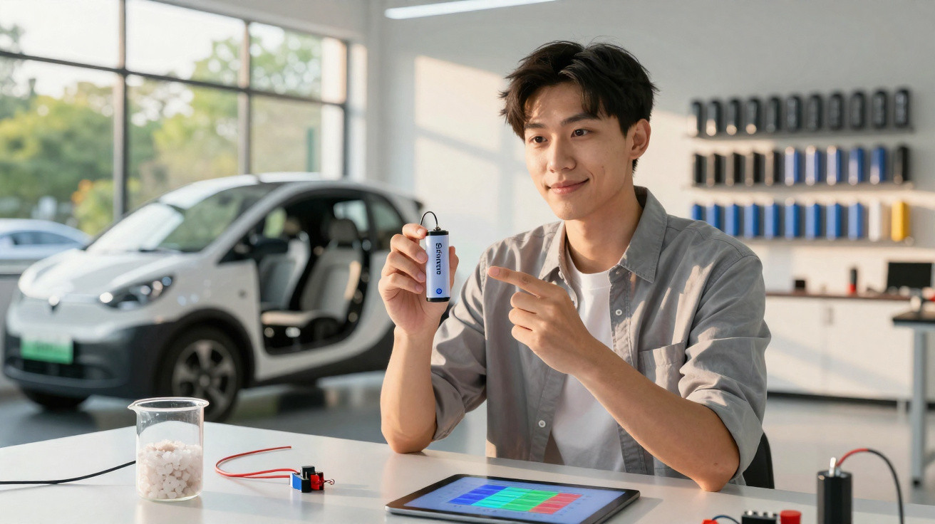 Homem jovem em laboratório segurando bateria com carro elétrico ao fundo em ambiente iluminado.