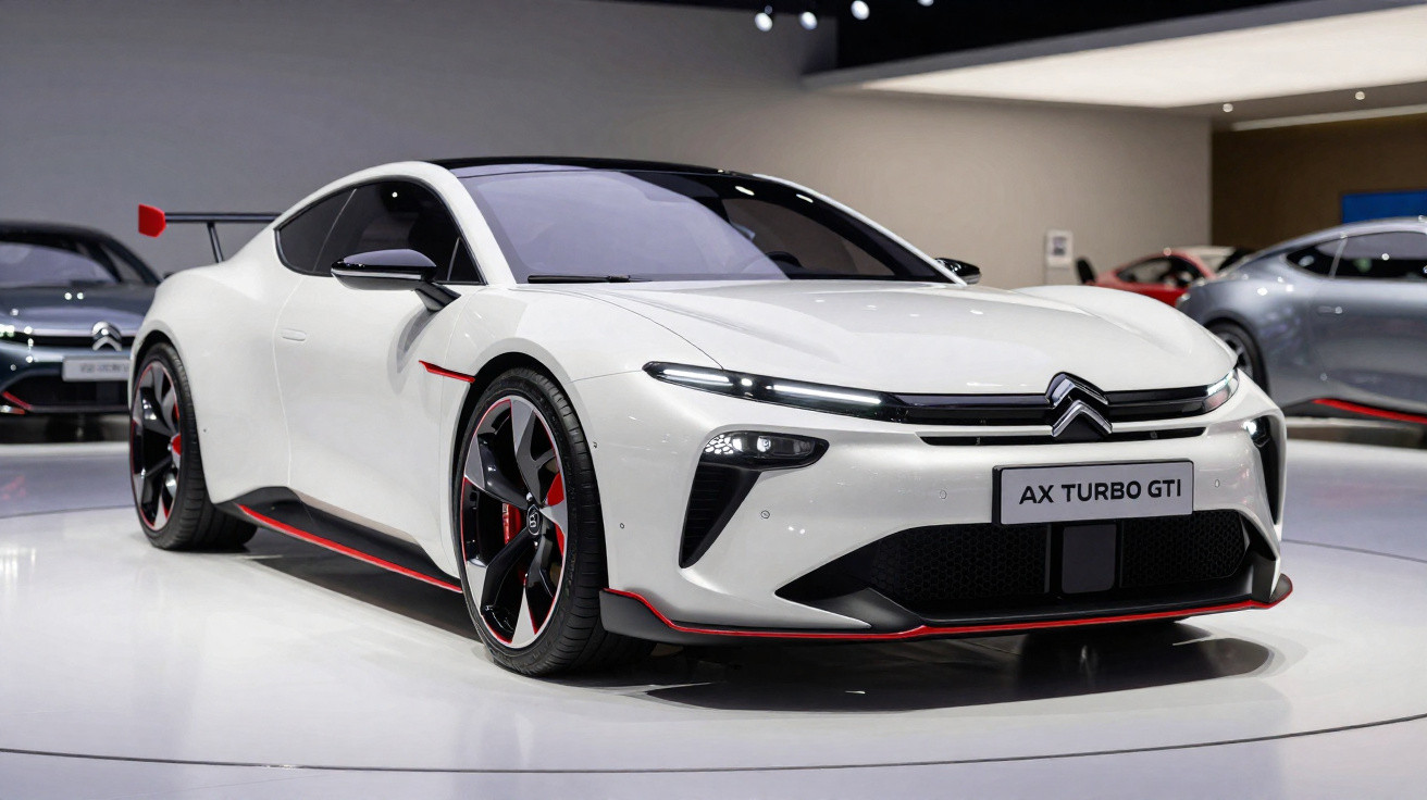 Carro esportivo Citroën AX Turbo GTI branco com detalhes vermelhos em exposição interna.