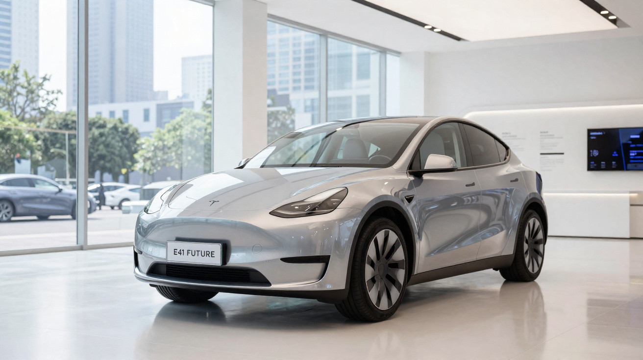 Carro elétrico Tesla prata modelo Y exibido em showroom moderno com grandes janelas e vista urbana.