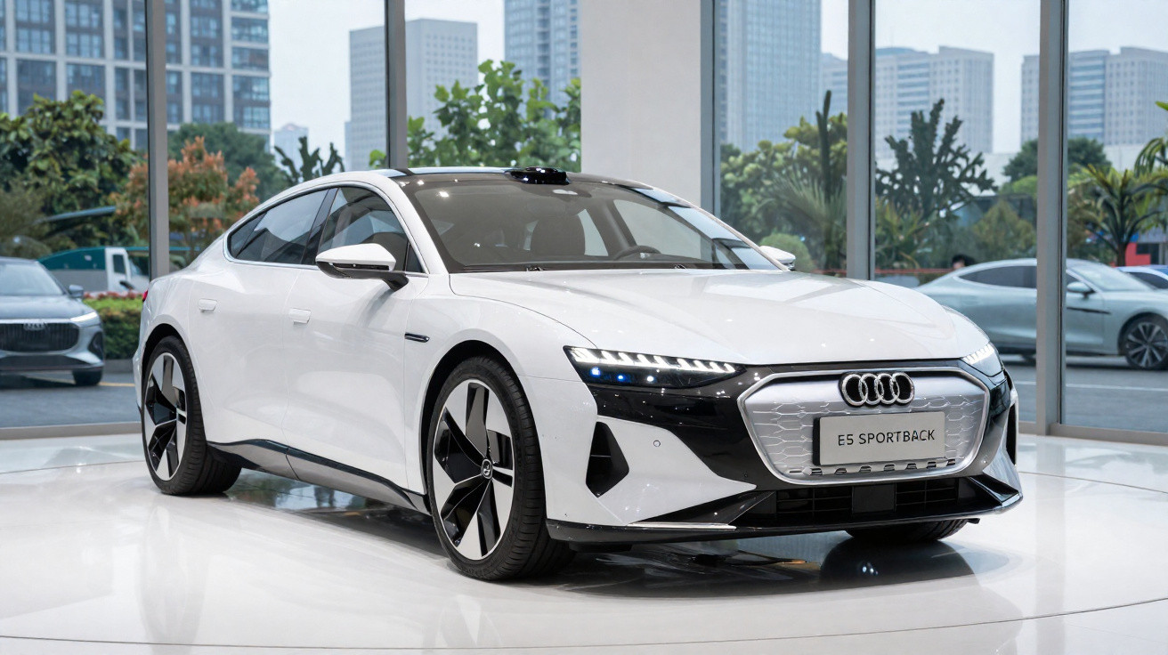 Carro elétrico Audi E5 Sportback branco exposto em ambiente interno com janelas e prédios ao fundo.