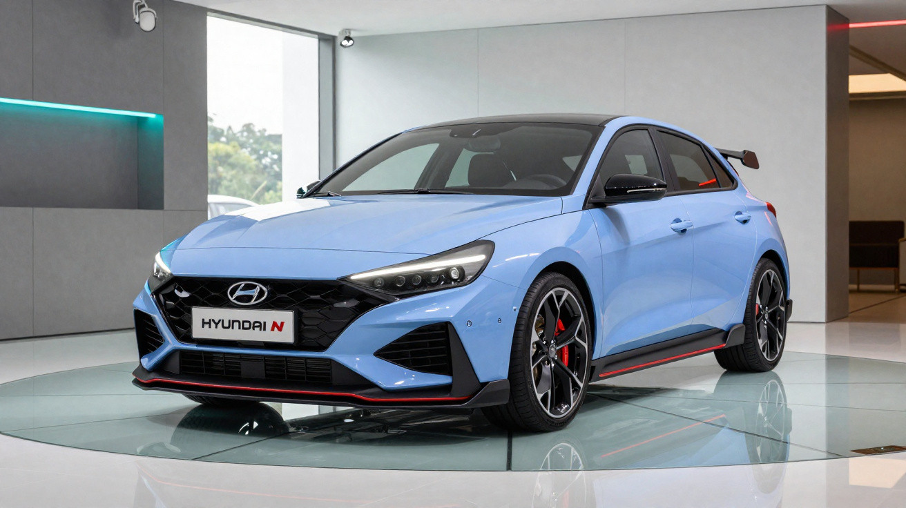 Carro esportivo Hyundai N azul claro em showroom moderno com detalhes em preto e vermelho.