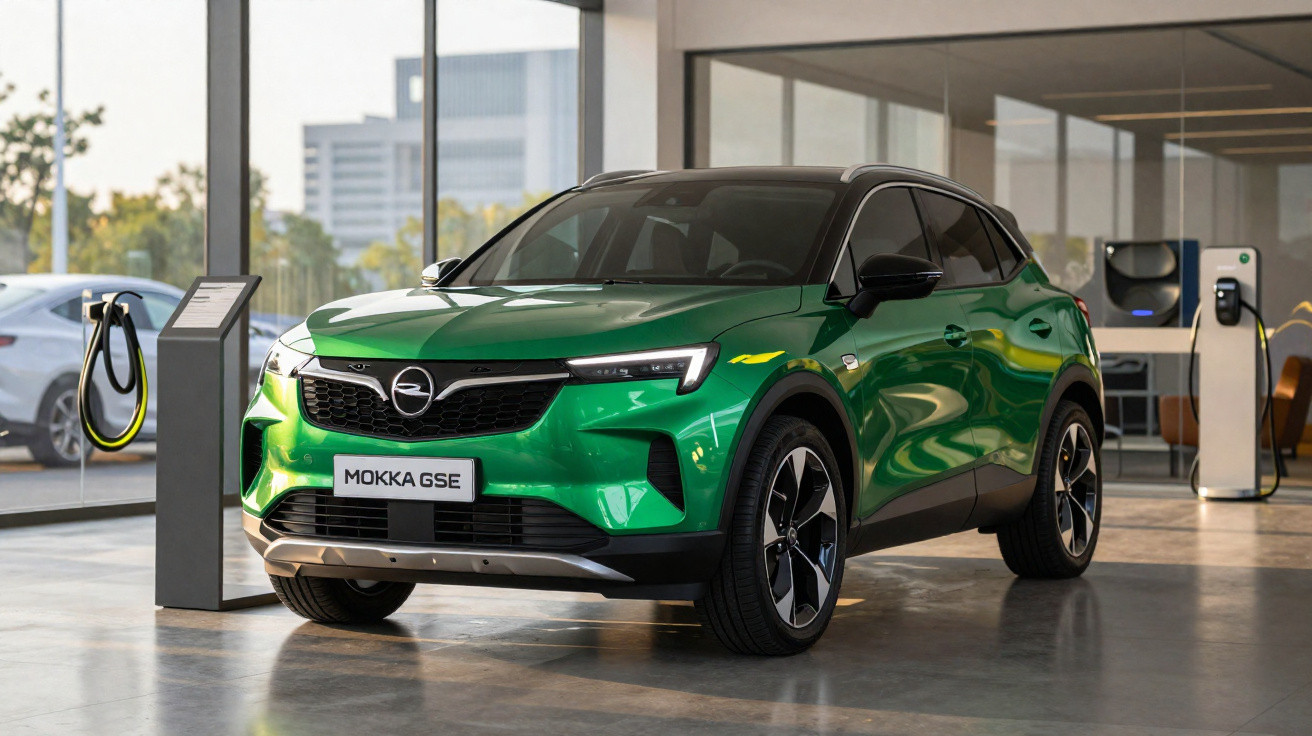 SUV elétrico verde Opel Mokka GSE conectado a estação de recarga em showroom moderno.
