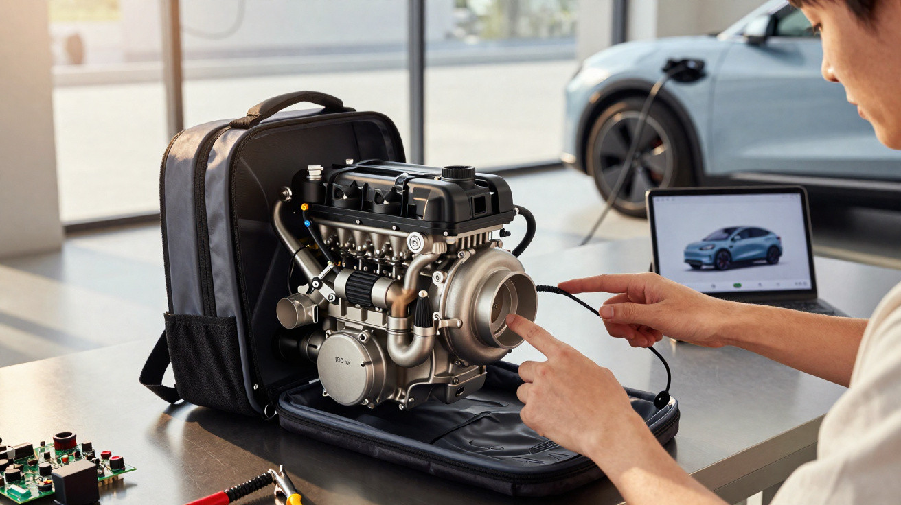 Pessoa analisando modelo de motor dentro de mochila, com carro elétrico e laptop ao fundo em oficina.