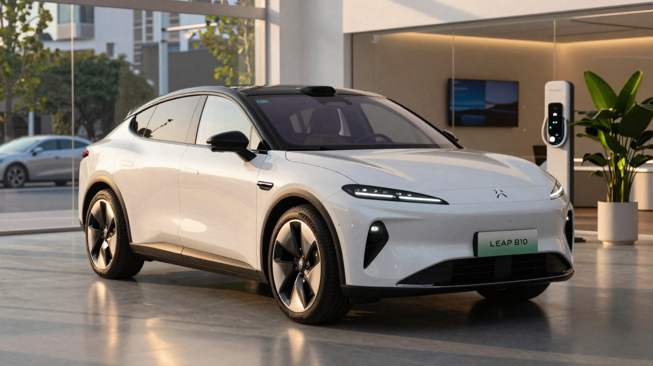 Carro elétrico branco LEAP B10 estacionado em área interna moderna com estação de recarga próxima.