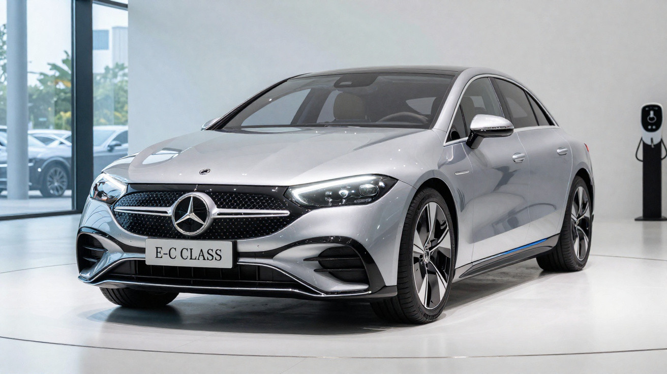 Carro sedan Mercedes-Benz E-Class cinza prateado exibido em salão com iluminação branca.