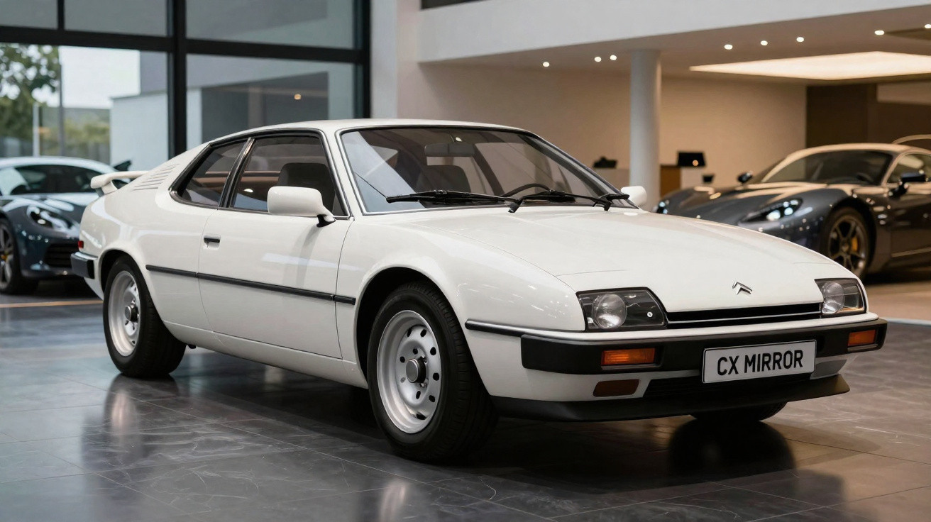 Carro esportivo clássico branco Citroën CX Mirror em exposição interna com piso brilhante.