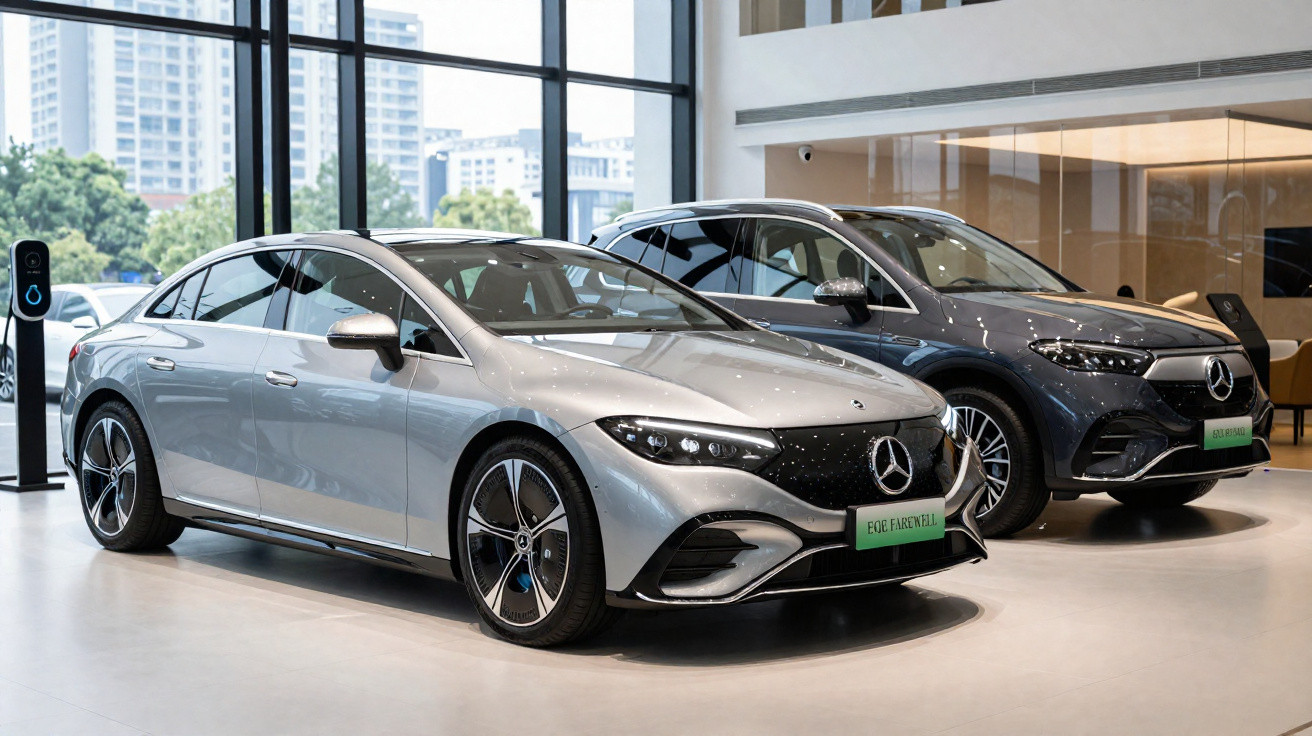 Dois carros Mercedes-Benz elétricos expostos em showroom moderno com vidros grandes e cidade ao fundo.