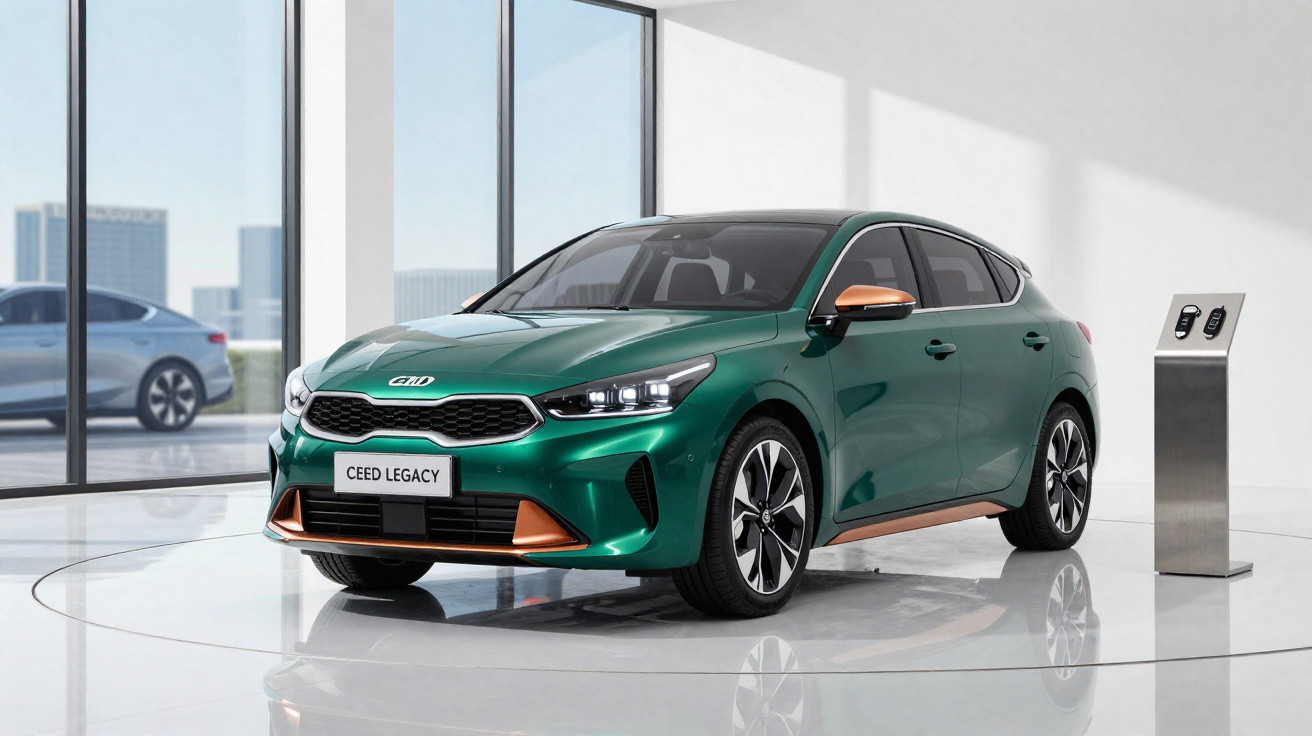 Carro verde Kia Ceed Legacy em exposição interna com teto preto e detalhes em bronze.