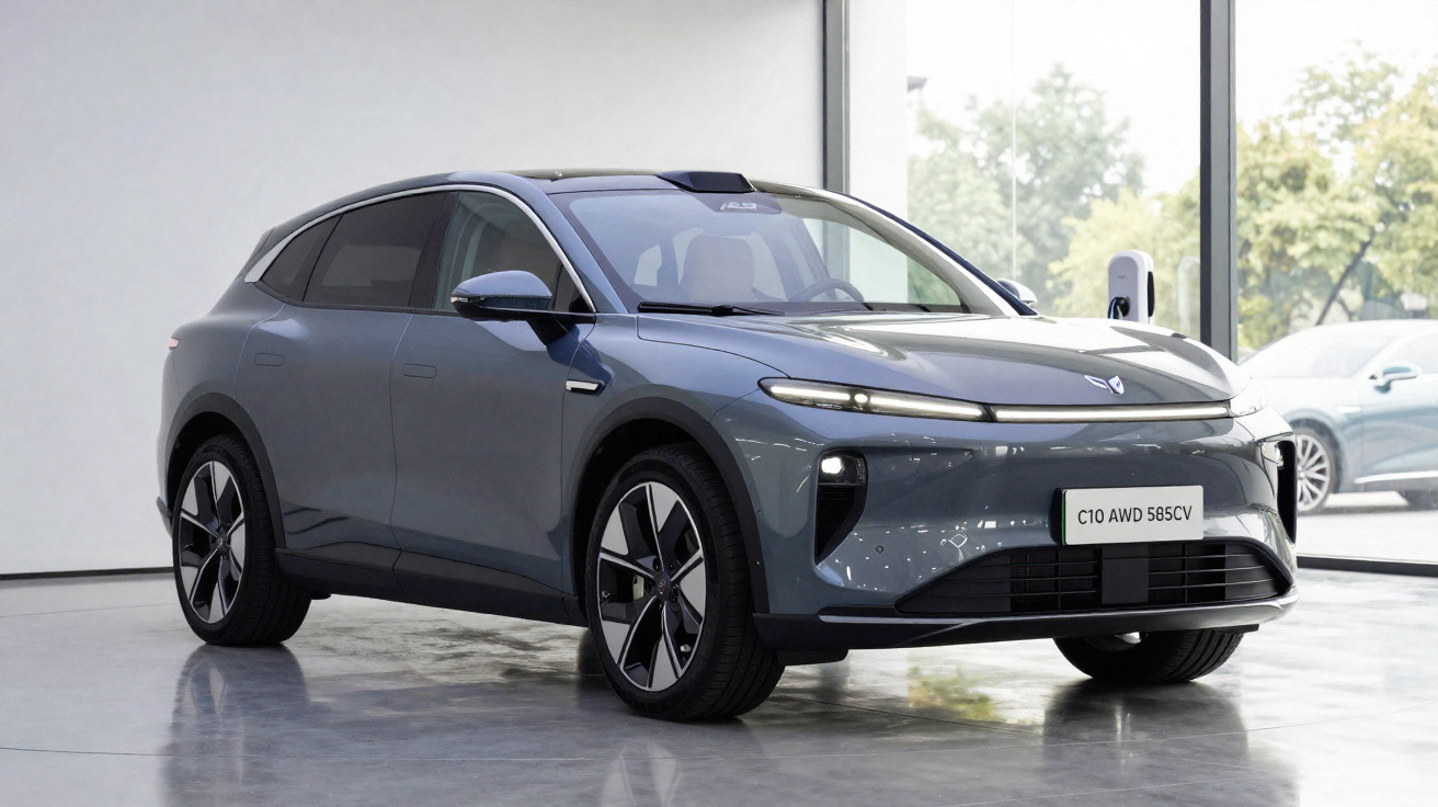 Carro SUV elétrico cinza estacionado em ambiente interno com janela grande ao fundo.