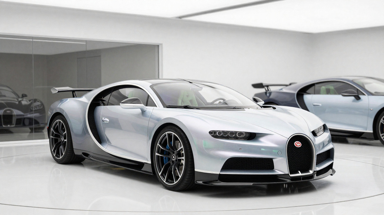 Bugatti Chiron prata em exposição em showroom moderno com outro carro ao fundo.