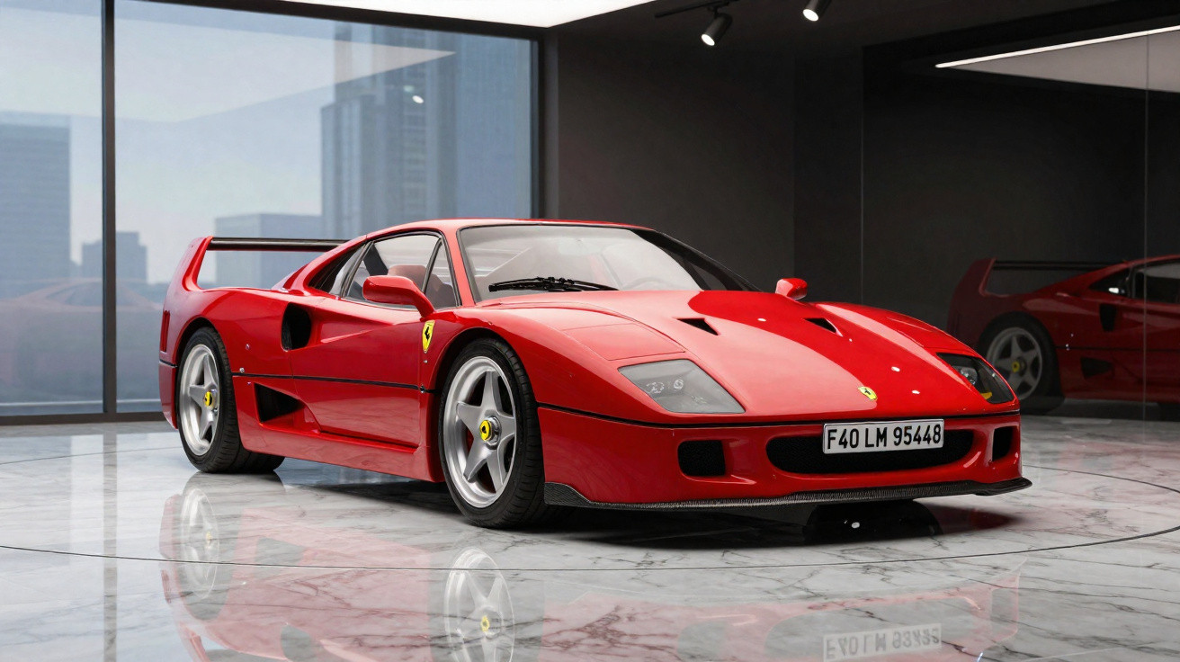 Carro esportivo Ferrari F40 vermelho em exposição em uma sala moderna com piso de mármore.